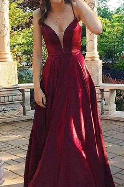 Pd81232 Burgundy Prom Dress,Satin Evening Dresses,Spaghetti Straps Prom Dresses,A-Line Prom Gown