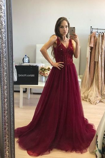 Pd81233 Burgundy Prom Dress,Tulle Evening Dresses,Beading Prom Dresses,A-Line Prom Gown