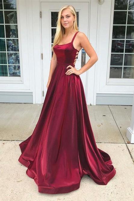 Pd81240 Burgnudy Prom Dress,Satin Evening Dresses,A-Line Prom Dresses,Backless Prom Gown