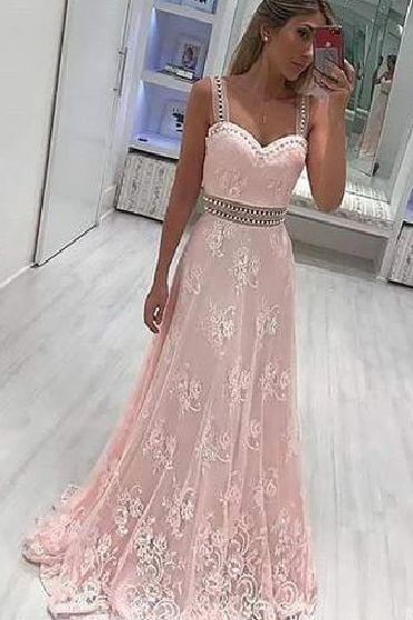 Pd90114 Pink Prom Dress,Lace Evening Dresses,A-Line Prom Dresses,Beading Prom Gown