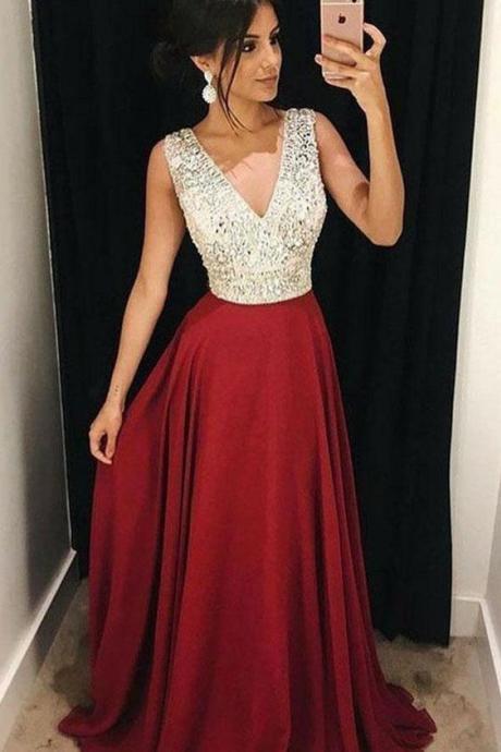 Pd90116 Red Prom Dress,Chiffon Evening Dresses,A-Line Prom Dresses,Beading Prom Gown