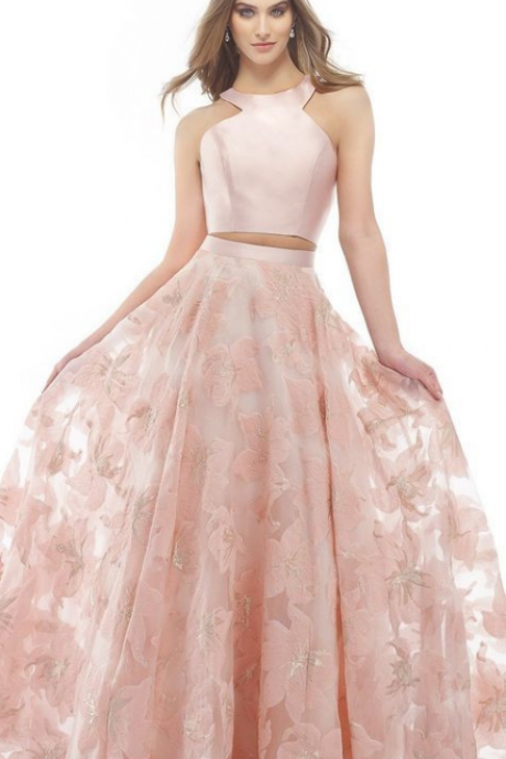 Pd90118 Pink Prom Dress,Two Pieces Evening Dresses,A-Line Prom Dresses,Lace Prom Gown