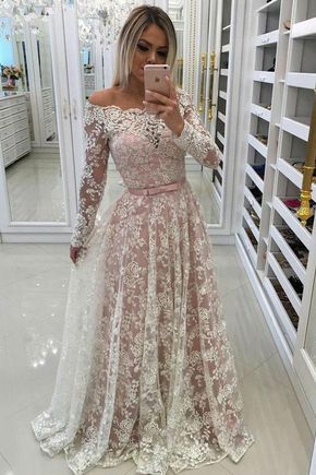 Pd90128 Charming Prom Dress,Lace Evening Dresses,Long-Sleeves Prom Dresses,Off the Shoulder Prom Gown
