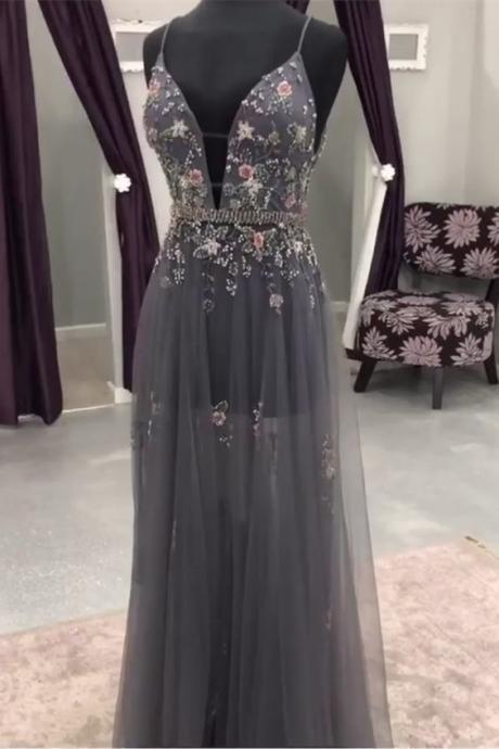 Pd90202 Charming Prom Dress,Tulle Evening Dresses,Appliques Prom Dresses,A-Line Prom Gown