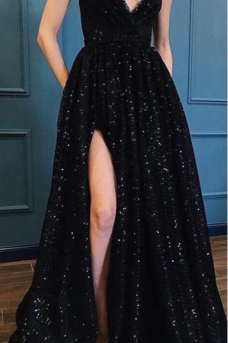 Pd90206 Black Prom Dress,Tulle Evening Dresses,Sequins Prom Dresses,Spaghetti Straps Prom Gown