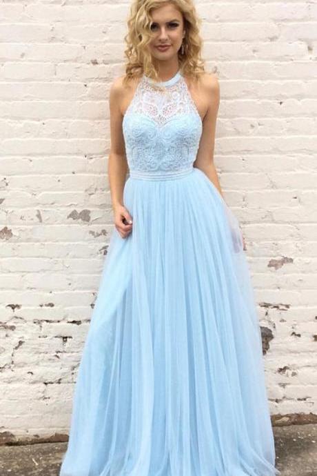 Pd90207 Light Blue Prom Dress,Tulle Evening Dresses,Halter Prom Dresses,A-Line Prom Gown