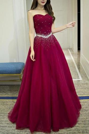 Pd90208 Red Prom Dress,Tulle Evening Dresses,Sweetheart Prom Dresses,Beading Prom Gown
