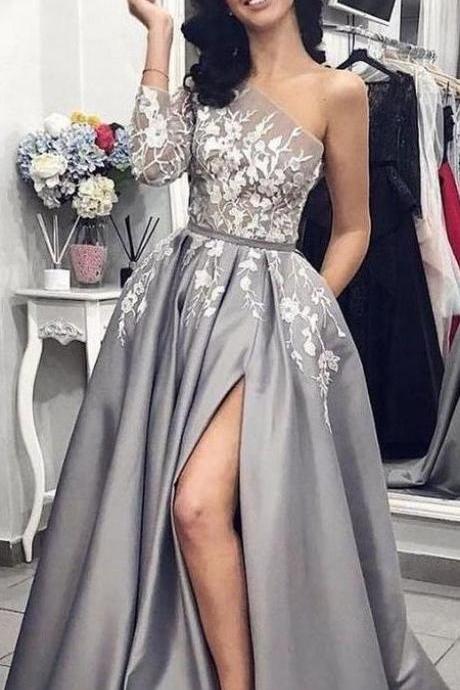 Pd90210 Gray Prom Dress,Satin Evening Dresses,One-Shoulder Prom Dresses,Appliques Prom Gown