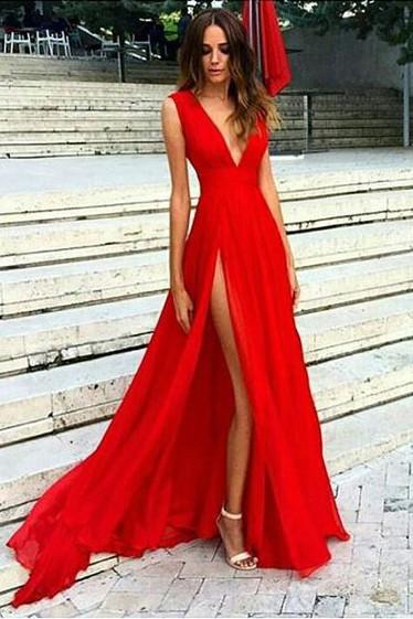 Pd90313 Red Prom Dress,Chiffon Evening Dresses,V-Neck Prom Dresses,A-Line Prom Gown