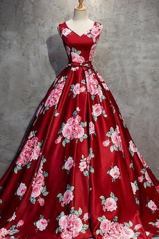 Pd90314 Print Prom Dress,Satin Evening Dresses,V-Neck Prom Dresses,A-Line Prom Gown