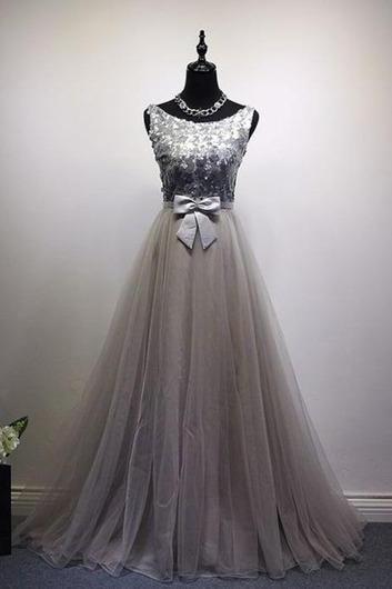 Pd90315 Gray Prom Dress,Tulle Evening Dresses,O-Neck Prom Dresses,Appliques Prom Gown