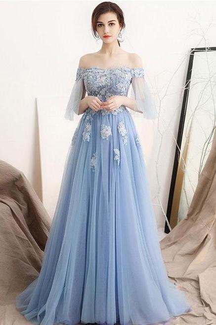 Pd90316 Blue Prom Dress,Tulle Evening Dresses,Off the Shoulder Prom Dresses,Appliques Prom Gown