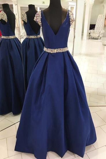 Pd90404 Blue Prom Dress,Satin Evening Dresses,Beading Prom Dresses,A-Line Prom Gown