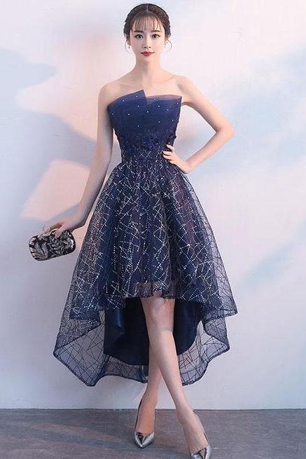 Pd90405 Blue Prom Dress,Tulle Evening Dresses,Off the Shoulder Prom Dresses,High/Low Prom Gown