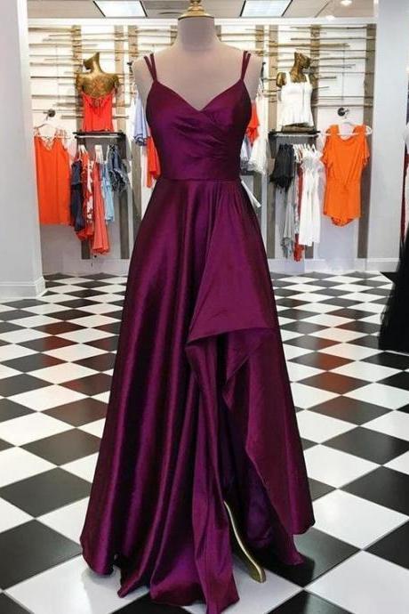 Pd90406 Burgundy Prom Dress,Satin Evening Dresses,Spaghetti Straps Prom Dresses,High/Low Prom Gown