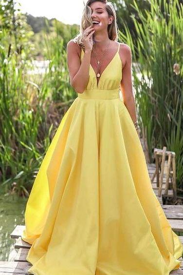 Pd90410 Yellow Prom Dress,Satin Evening Dresses,A-Line Prom Dresses,Spaghetti Straps Prom Gown