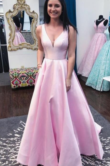 Pd90412 Pink Prom Dress,Satin Evening Dresses,A-Line Prom Dresses,V-Neck Prom Gown