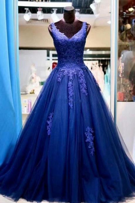 Pd90413 Blue Prom Dress,Tulle Evening Dresses,Appliques Prom Dresses,V-Neck Prom Gown