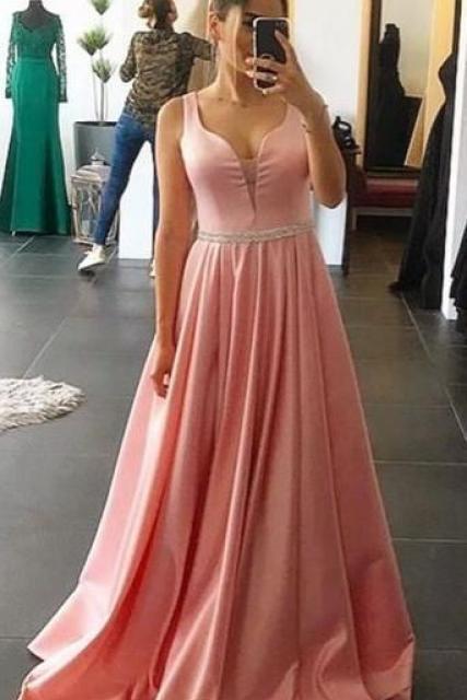 Pd90417 Pink Prom Dress,Satin Evening Dresses,A-Line Prom Dresses,V-Neck Prom Gown