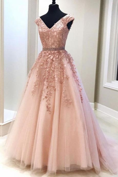 Pd90425 Charming Prom Dress,Tulle Evening Dresses,V-Neck Prom Dresses,Appliques Prom Gown