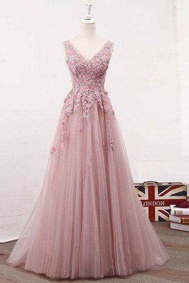 Pd90429 Pink Prom Dress,Tulle Evening Dresses,V-Neck Prom Dresses,Appliques Prom Gown