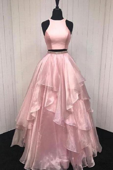 Pd90808 Pink Prom Dress,Two Pieces Evening Dresses,O-Neck Prom Dresses,A-Line Prom Gown