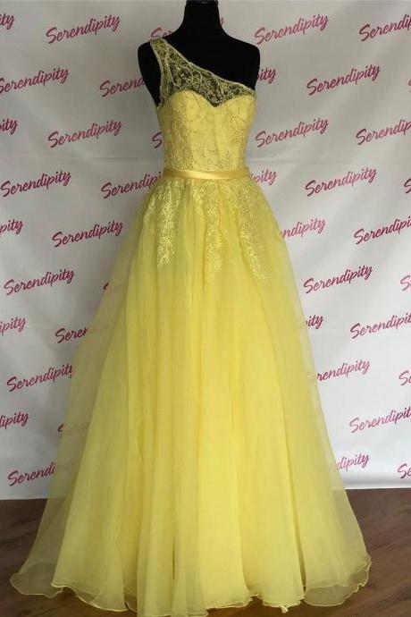 Pd90905 Yellow Prom Dress,A-Line Evening Dresses,Lace Prom Dresses,One-Shoulder Prom Gown