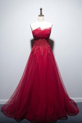 Pd90909 Red Prom Dress,A-Line Evening Dresses,Tulle Prom Dresses,Strapless Prom Gown