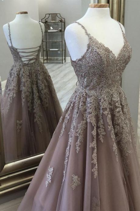 Charming Prom Dress,Tulle Prom Gown,Backless Evening Dress,Appliques Prom Gown Formal Dresses