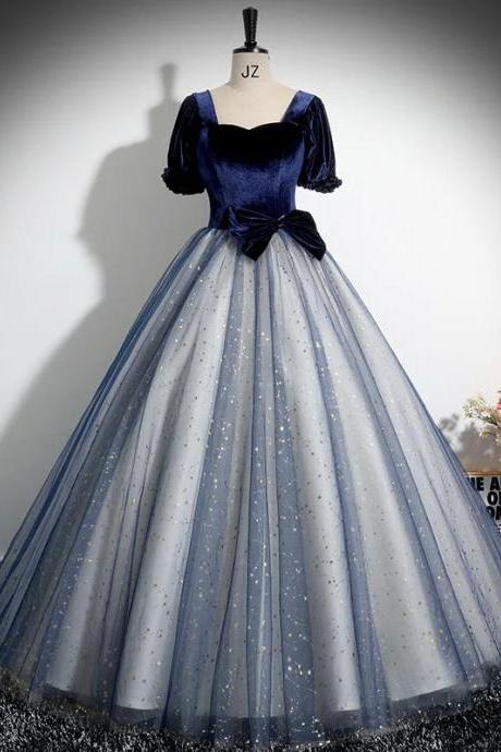 dusty dark blue dress Dusty Blue Princess Sparkly Prom Dresses With Sleeves
