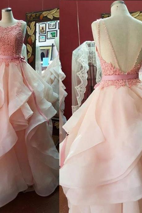 Pd604211 Charming Prom Dress,O-Neck Prom Dress,Backless Prom Dress,Tulle Prom Dress,Appliques Evening Dress