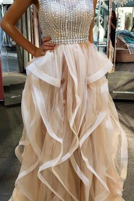 Pd6076 High Quality Prom Dress,Tulle Prom Dress,A-Line Prom Dress,O-Neck Prom Dress, Beading Evening Dress