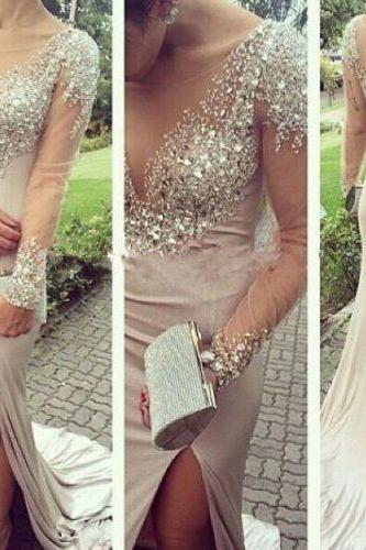 Pd60719 High Quality Prom Dress,Long-Sleeves Prom Dress,Mermaid Prom Dress,Beading Prom Dress,O-Neck Evening Dress