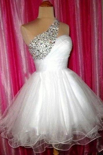 Hd60801 High Quality Homecoming Dress,Beading Homecoming Dress,One-Shoulder Graduation Dress,Tulle Short Prom Dress