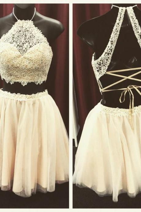 Hd60813 High Quality Homecoming Dress,lace Homecoming Dress,halter Graduation Dress,two Pieces Satin Prom Dress