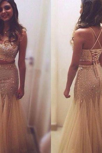 Pd61016 Charming Prom Dress,2 Pieces Prom Dress,Spaghetti Straps Prom Dress,Beading Evening Dress