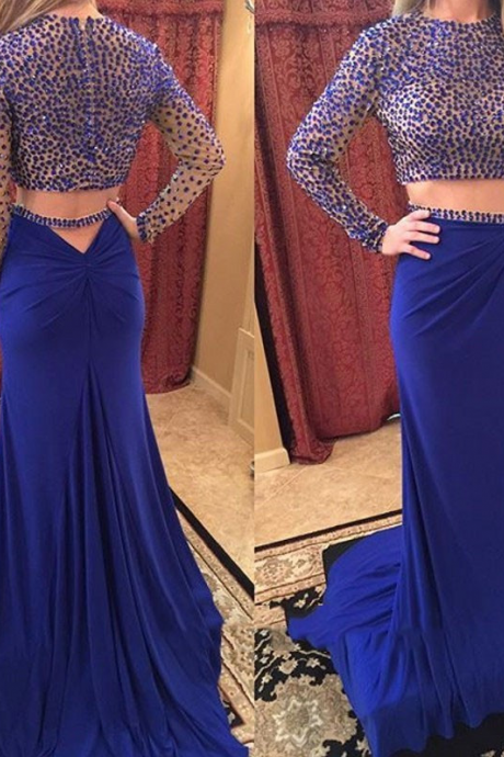 Pd61231 Charming Prom Dress,2 Pieces Prom Dress,Long-Sleeves Prom Dress,Beading Evening Dress