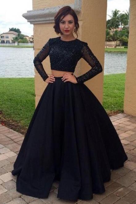 Pd70203 Charming Prom Dress,satin Prom Dress,two Pieces Prom Dress,long-sleeves Evening Dress