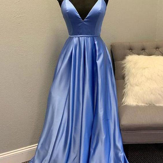 Pd90401 Blue Prom Dress,Satin Evening Dresses,V-Neck Prom Dresses,A-Line Prom Gown