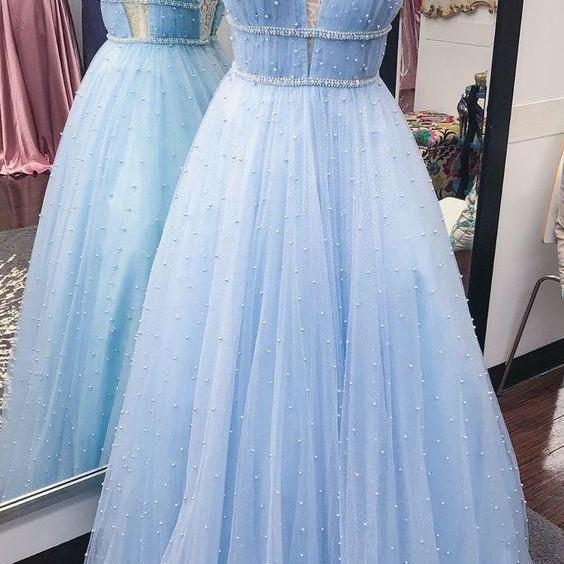 Pd90414 Light Blue Prom Dress,Tulle Evening Dresses,Beading Prom Dresses,V-Neck Prom Gown