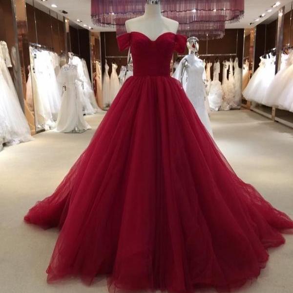 Pd91211 Red Prom Dress,Tulle Wedding Dresses,A-Line Prom Dresses,Off the Shoulder Prom Gown