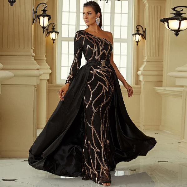 Pd2301 Charming Satin Prom Dress,One-Shoulder Evening Dresses,Sequin Formal Dresses,Detachable Train Pagent Dress