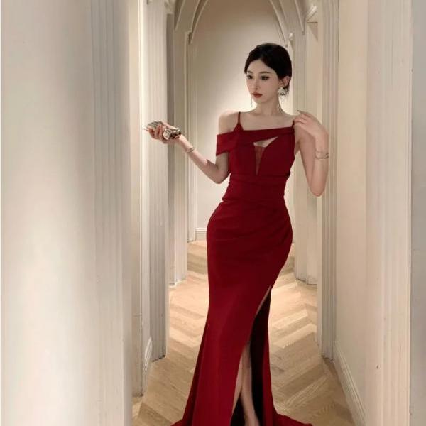 Red Dress Slim Fit Dress For Ladies Off-shoulder Red Evening Gown With Slit  On Luulla