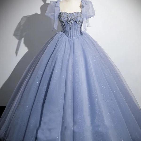Sparkling Blue Gown With Puffy Tulle Sleeves on Luulla