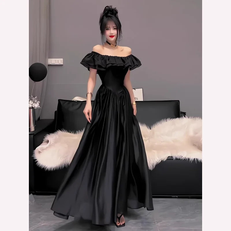A-line Black Off Shoulder Satin Long Evening Dress main image 1