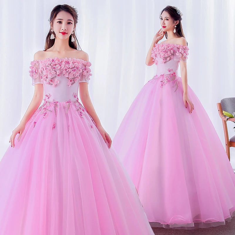 Floral Off-shoulder Pink Tulle Ball Gown on Luulla