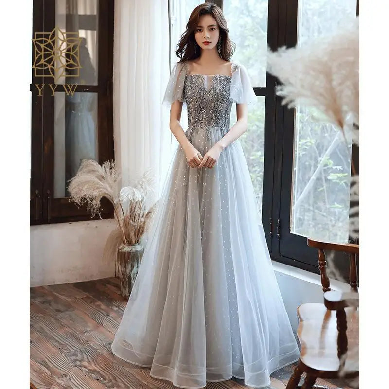 Sparkling Gray Gown With Sheer Puff Sleeves on Luulla