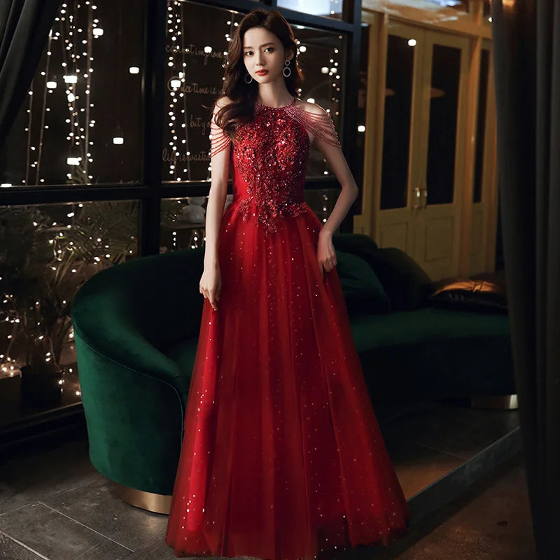 Stunning Red Sequined Gown With Shoulder Details on Luulla