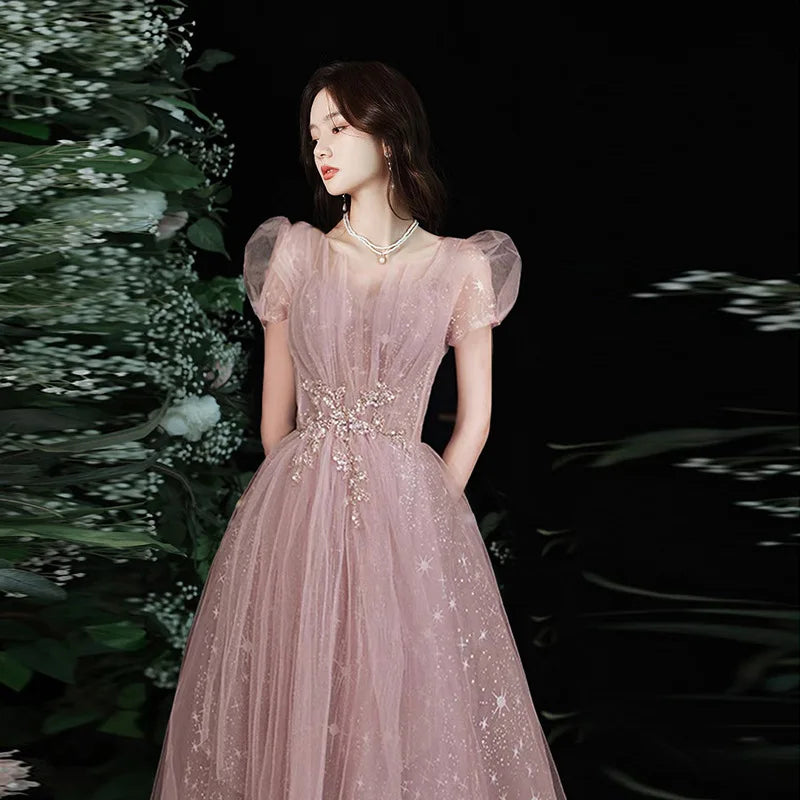 Sparkling Pink Tulle Gown With Puff Sleeves on Luulla