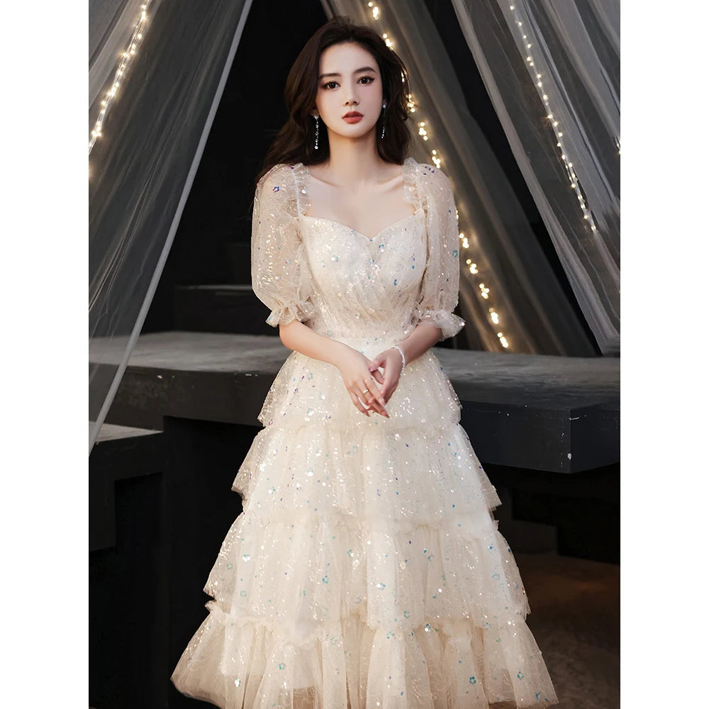 Overlapping Printed Tulle Gown